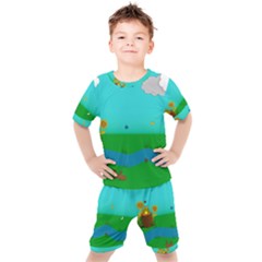 Frog Log Stream River Wallpaper Kids  Tee And Shorts Set