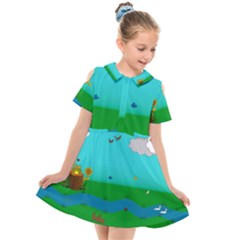 Frog Log Stream River Wallpaper Kids  Short Sleeve Shirt Dress