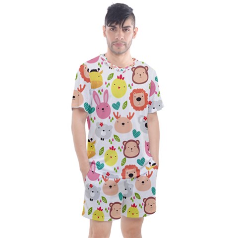 Cute Animals Cartoon Seamless Background Men s Mesh Tee And Shorts Set by danenraven