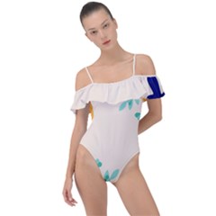 Border Leaves Design Frame Frill Detail One Piece Swimsuit