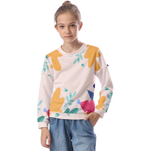 Border Leaves Design Frame Kids  Long Sleeve Tee With Frill  by Ravend