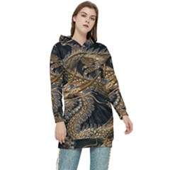 Gold And Silver Dragon Illustration Chinese Dragon Animal Women s Long Oversized Pullover Hoodie