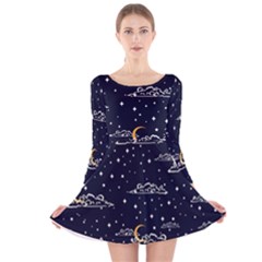 Hand Drawn Scratch Style Night Sky With Moon Cloud Space Among Stars Seamless Pattern Vector Design Long Sleeve Velvet Skater Dress by Ravend