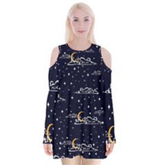 Hand Drawn Scratch Style Night Sky With Moon Cloud Space Among Stars Seamless Pattern Vector Design Velvet Long Sleeve Shoulder Cutout Dress