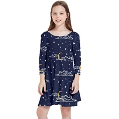 Hand Drawn Scratch Style Night Sky With Moon Cloud Space Among Stars Seamless Pattern Vector Design Kids  Quarter Sleeve Skater Dress by Ravend