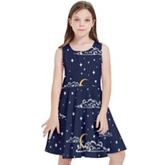 Hand Drawn Scratch Style Night Sky With Moon Cloud Space Among Stars Seamless Pattern Vector Design Kids  Skater Dress by Ravend
