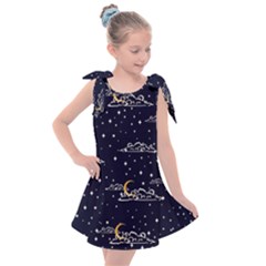 Hand Drawn Scratch Style Night Sky With Moon Cloud Space Among Stars Seamless Pattern Vector Design Kids  Tie Up Tunic Dress by Ravend