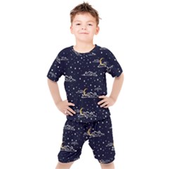 Hand Drawn Scratch Style Night Sky With Moon Cloud Space Among Stars Seamless Pattern Vector Design Kids  Tee And Shorts Set by Ravend