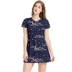 Hand Drawn Scratch Style Night Sky With Moon Cloud Space Among Stars Seamless Pattern Vector Design Women s Sports Skirt by Ravend