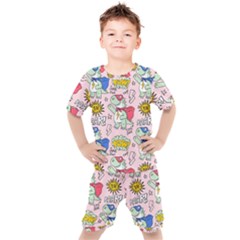 Seamless Pattern With Many Funny Cute Superhero Dinosaurs T-rex Mask Cloak With Comics Style Kids  Tee And Shorts Set by Ravend