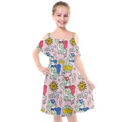 Seamless Pattern With Many Funny Cute Superhero Dinosaurs T-rex Mask Cloak With Comics Style Kids  Cut Out Shoulders Chiffon Dress