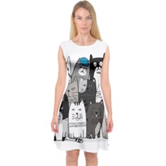 Cute Cat Hand Drawn Cartoon Style Capsleeve Midi Dress by Jancukart