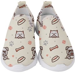 Pug-dog-cat-with-bone-fish-bones-paw-prints-ball-seamless-pattern-vector-background Kids  Slip On Sneakers