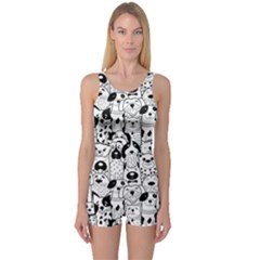Seamless-pattern-with-black-white-doodle-dogs One Piece Boyleg Swimsuit