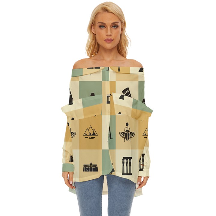 Egyptian-flat-style-icons Off Shoulder Chiffon Pocket Shirt