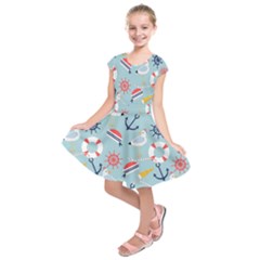 Nautical-marine-symbols-seamless-pattern Kids  Short Sleeve Dress