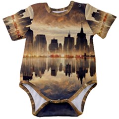 Manhattan Skyline Sunset Nyc Baby Short Sleeve Onesie Bodysuit by Wegoenart
