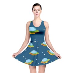 Seamless Pattern Ufo With Star Space Galaxy Background Reversible Skater Dress by Wegoenart