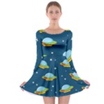 Seamless Pattern Ufo With Star Space Galaxy Background Long Sleeve Skater Dress