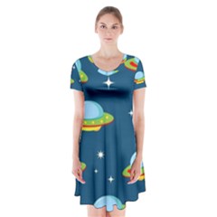 Seamless Pattern Ufo With Star Space Galaxy Background Short Sleeve V-neck Flare Dress by Wegoenart