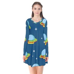 Seamless Pattern Ufo With Star Space Galaxy Background Long Sleeve V-neck Flare Dress by Wegoenart