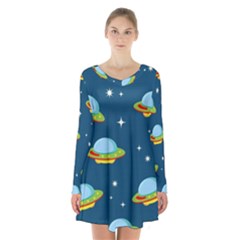 Seamless Pattern Ufo With Star Space Galaxy Background Long Sleeve Velvet V-neck Dress by Wegoenart