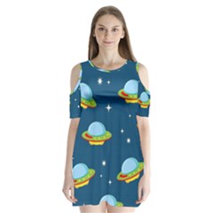 Seamless Pattern Ufo With Star Space Galaxy Background Shoulder Cutout Velvet One Piece by Wegoenart