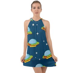 Seamless Pattern Ufo With Star Space Galaxy Background Halter Tie Back Chiffon Dress by Wegoenart