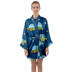 Seamless Pattern Ufo With Star Space Galaxy Background Long Sleeve Satin Kimono by Wegoenart