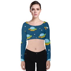 Seamless Pattern Ufo With Star Space Galaxy Background Velvet Long Sleeve Crop Top by Wegoenart