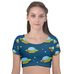 Seamless Pattern Ufo With Star Space Galaxy Background Velvet Short Sleeve Crop Top  by Wegoenart