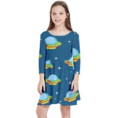 Seamless Pattern Ufo With Star Space Galaxy Background Kids  Quarter Sleeve Skater Dress by Wegoenart
