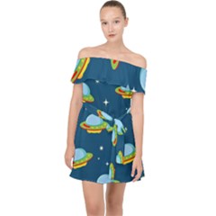 Seamless Pattern Ufo With Star Space Galaxy Background Off Shoulder Chiffon Dress by Wegoenart