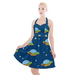 Seamless Pattern Ufo With Star Space Galaxy Background Halter Party Swing Dress  by Wegoenart