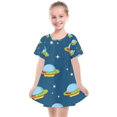Seamless Pattern Ufo With Star Space Galaxy Background Kids  Smock Dress by Wegoenart