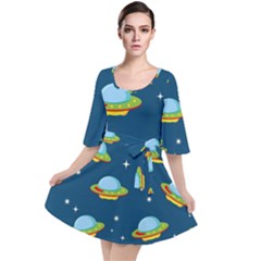 Seamless Pattern Ufo With Star Space Galaxy Background Velour Kimono Dress by Wegoenart