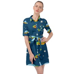Seamless Pattern Ufo With Star Space Galaxy Background Belted Shirt Dress by Wegoenart