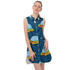 Seamless Pattern Ufo With Star Space Galaxy Background Sleeveless Shirt Dress by Wegoenart