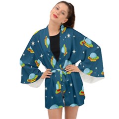 Seamless Pattern Ufo With Star Space Galaxy Background Long Sleeve Kimono by Wegoenart