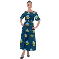 Seamless Pattern Ufo With Star Space Galaxy Background Shoulder Straps Boho Maxi Dress  by Wegoenart