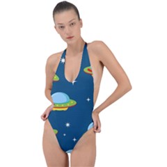 Seamless Pattern Ufo With Star Space Galaxy Background Backless Halter One Piece Swimsuit by Wegoenart