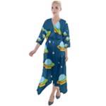 Seamless Pattern Ufo With Star Space Galaxy Background Quarter Sleeve Wrap Front Maxi Dress