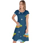 Seamless Pattern Ufo With Star Space Galaxy Background Classic Short Sleeve Dress