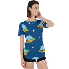 Seamless Pattern Ufo With Star Space Galaxy Background Perpetual Short Sleeve T-shirt by Wegoenart