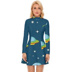Seamless Pattern Ufo With Star Space Galaxy Background Long Sleeve Velour Longline Dress by Wegoenart