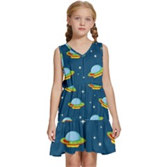 Seamless Pattern Ufo With Star Space Galaxy Background Kids  Sleeveless Tiered Mini Dress by Wegoenart