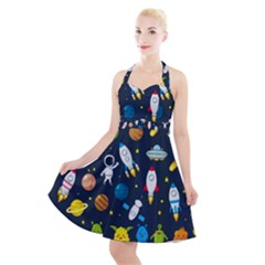 Big Set Cute Astronaut Space Planet Star Alien Rockets Ufo Constellation Satellite Moon Halter Party Swing Dress  by Wegoenart