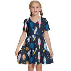 Big Set Cute Astronaut Space Planet Star Alien Rockets Ufo Constellation Satellite Moon Kids  Short Sleeve Tiered Mini Dress by Wegoenart