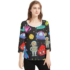 Seamless Pattern With Space Object Ufo Rocket Alien Hand Drawn Element Space Chiffon Quarter Sleeve Blouse by Wegoenart