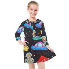 Seamless Pattern With Space Object Ufo Rocket Alien Hand Drawn Element Space Kids  Quarter Sleeve Shirt Dress by Wegoenart